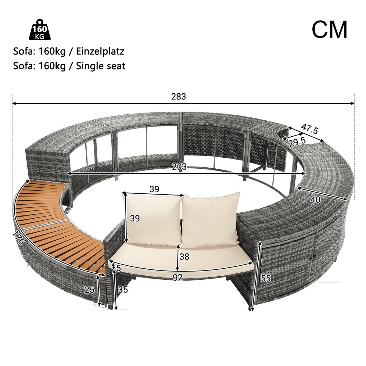 GARTEN Lounge Set mit runder Couch für Whirlpool oder Poolbereich mit verstellbaren Füßen und Kissen Terrasse Garten - Grau, Metall