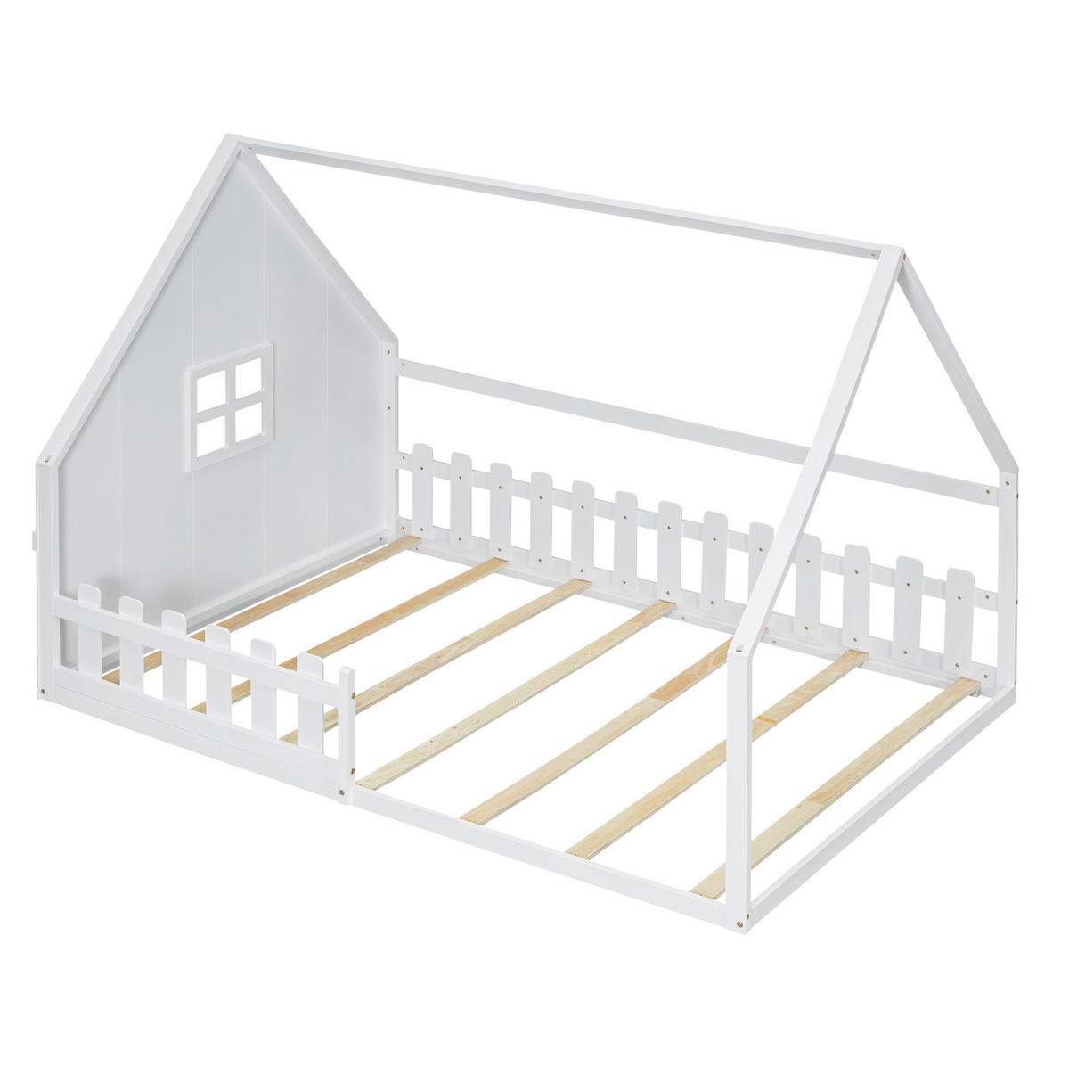 KINDERBETT 140/200 cm mit Hausrahmen und Geländer aus Kiefer und MDF, Weiß - Weiß, Holzwerkstoff (140/200cm) - Redom