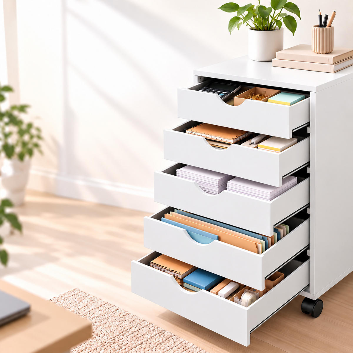 ROLLCONTAINER Weiß 5 Schubladen auf Rollen 69 cm - Weiß, Holzwerkstoff/Kunststoff (45/69/40cm) - Relaxdays