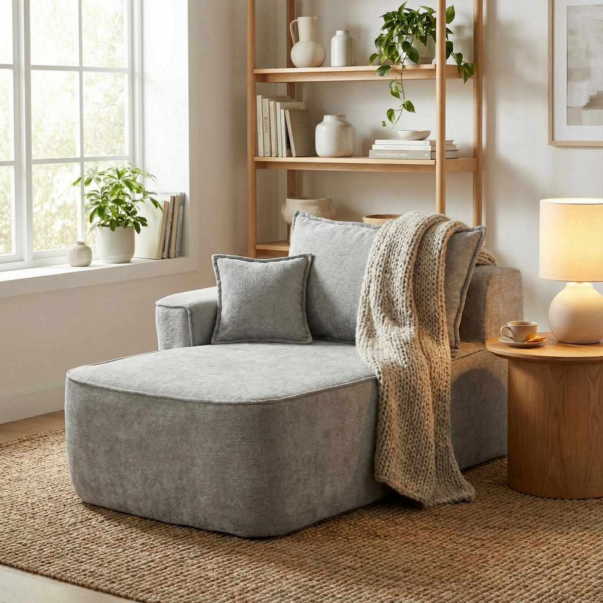 CHAISE LONGUE premium chenille relaxliege montagefrei - Hellgrau, Textil (144/65/112cm) - Urban Meuble