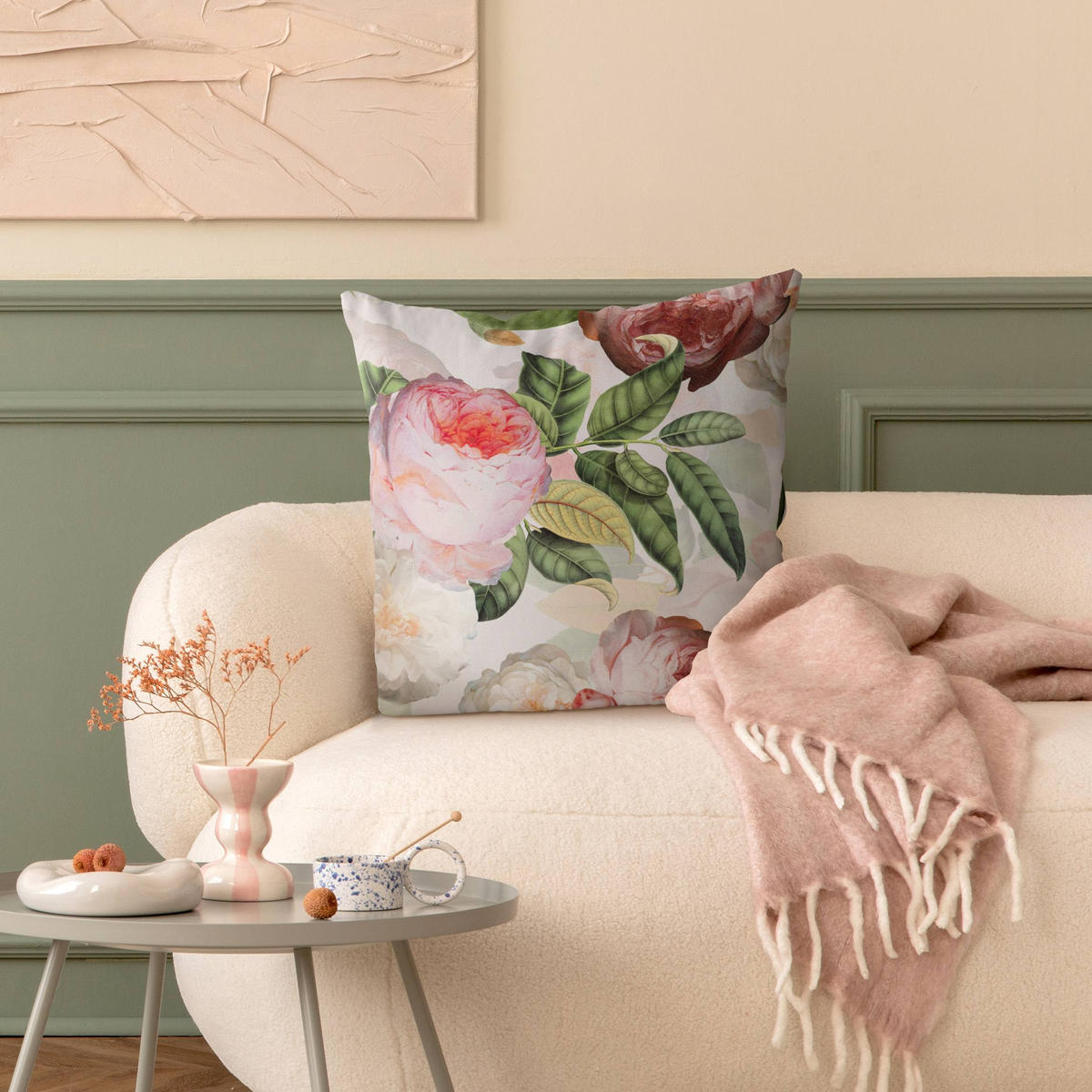 KISSENBEZUG Pfingstrosen mit Blättern 40/40 cm - Rosa, Textil (40/40cm) - Bilderwelten