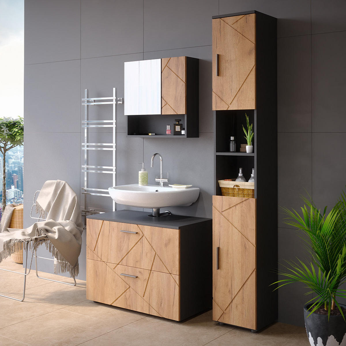 BADMÖBEL-SET Irma Goldkraft Eiche/Anthrazit 3 Teile, mit Schubladenschrank und Hochschrank - Honigeiche/Anthrazit, Holzwerkstoff (80/58.6/41cm) - Vicco