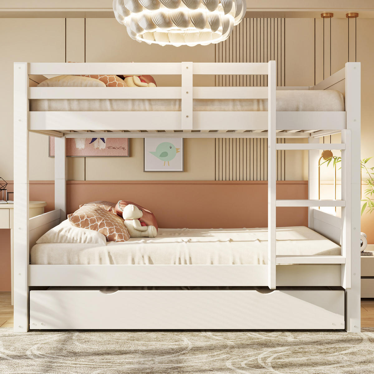 ETAGENBETT 90/200 cm in Weiß mit Ausziehbett, Leiter und Sicherheitsgeländer - Weiß, Holz/Holzwerkstoff (90/200cm) - WISHDOR