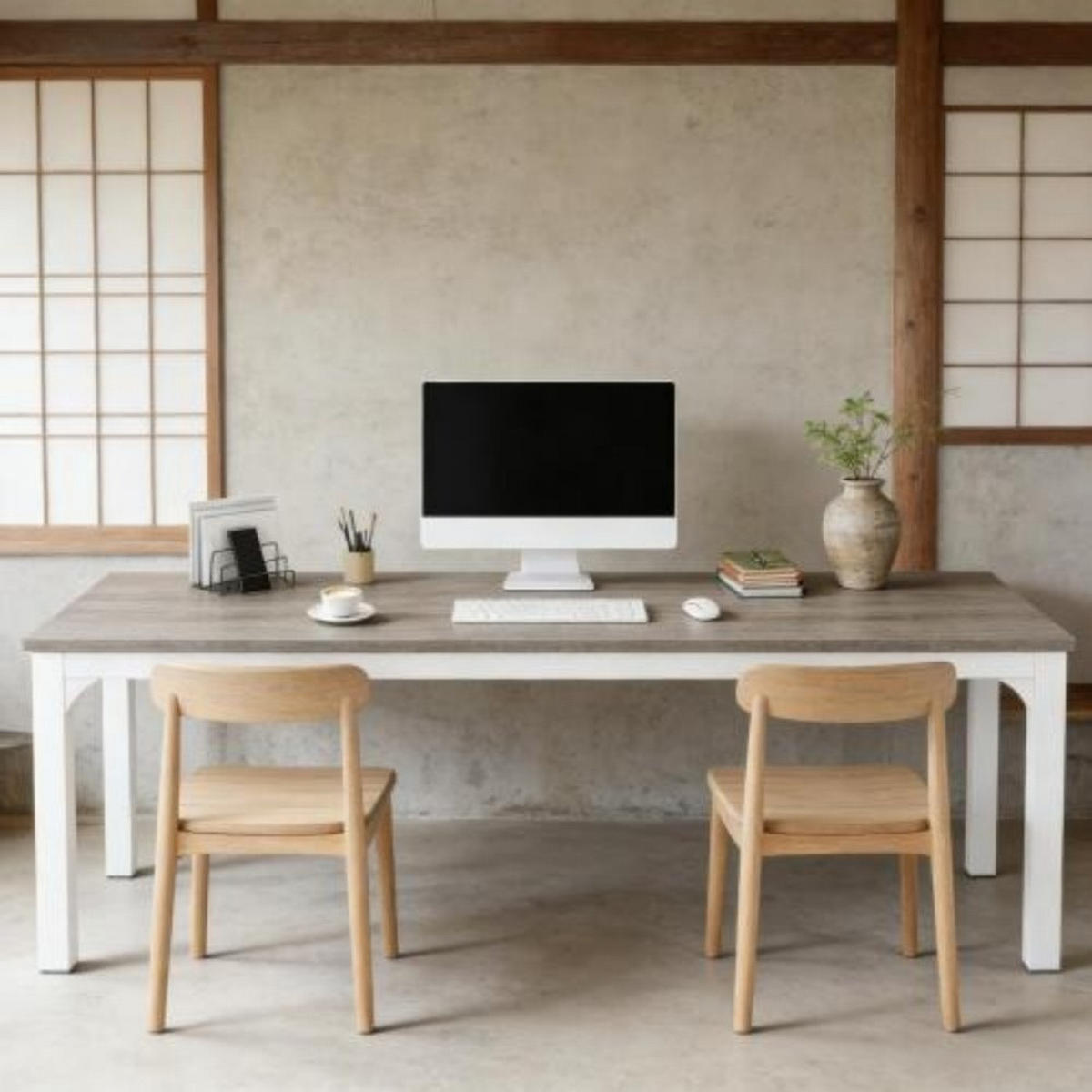 SCHREIBTISCH für 2 Personen 200 x 70 cm Metall Holz Taupe Weiß - Weiß, Metall (200/70/75cm) - Meubliv
