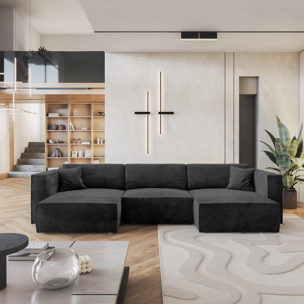 ROHOVÁ SEDAČKA SARMO černá - šedá/černá, dřevo/textil (347/148cm) - MASSENO