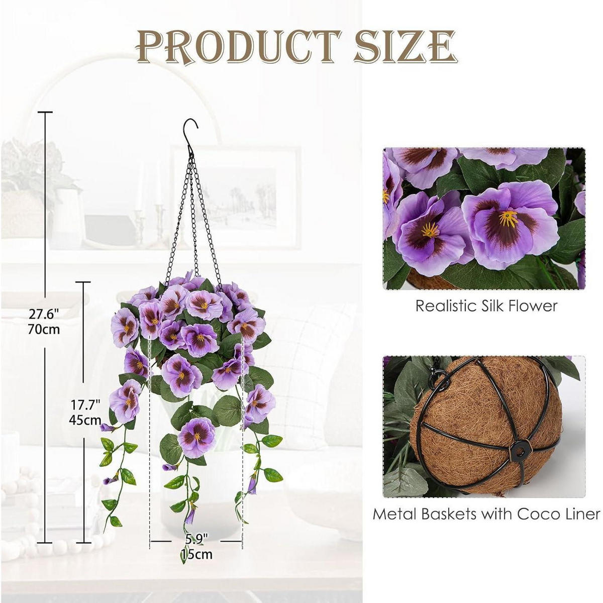 KUNSTBLUMEN Hängende Stiefmütterchen mit Hängeampel 70 cm Hellviolett - Flieder, Textil (22cm)