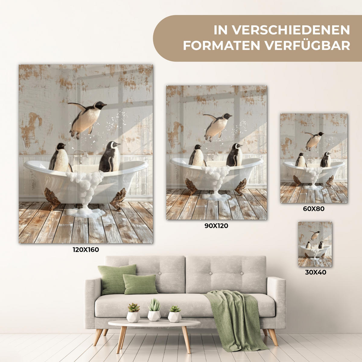 ACRYLGLASBILD Vintage - Pinguin - Badewanne - Schaumstoff 60x80 cm - Schwarz, Glas (60/80cm) - MuchoWow