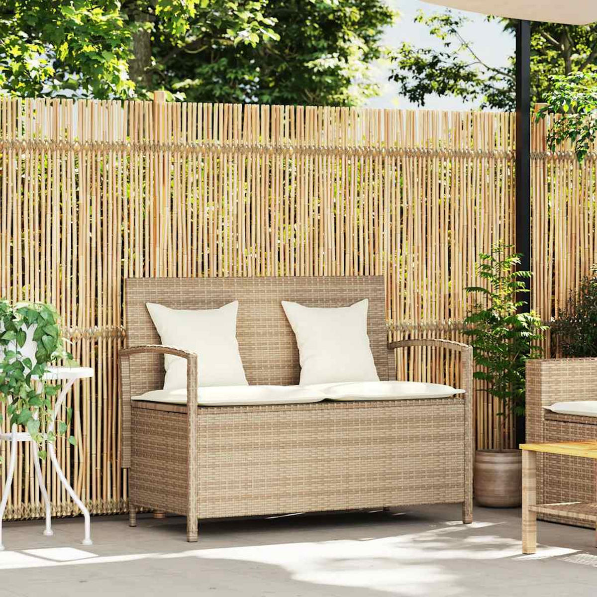 GARTENBANK mit Stauraum und Creme Kissen, 111/56/87 cm, aus Poly Rattan, Beige - Beige, Kunststoff (56/87/111cm) - vidaXL