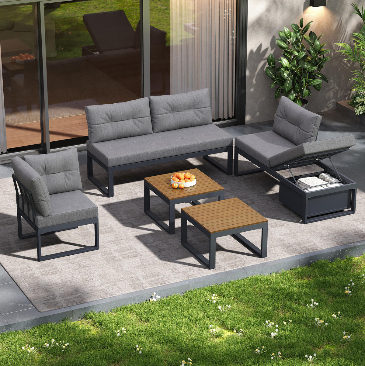 GARTENMÖBELSET 191,5/191,5/79 cm grau aus Polyester und Eisen mit Stauraum und Liegefunktion - Grau, Textil - OKWISH