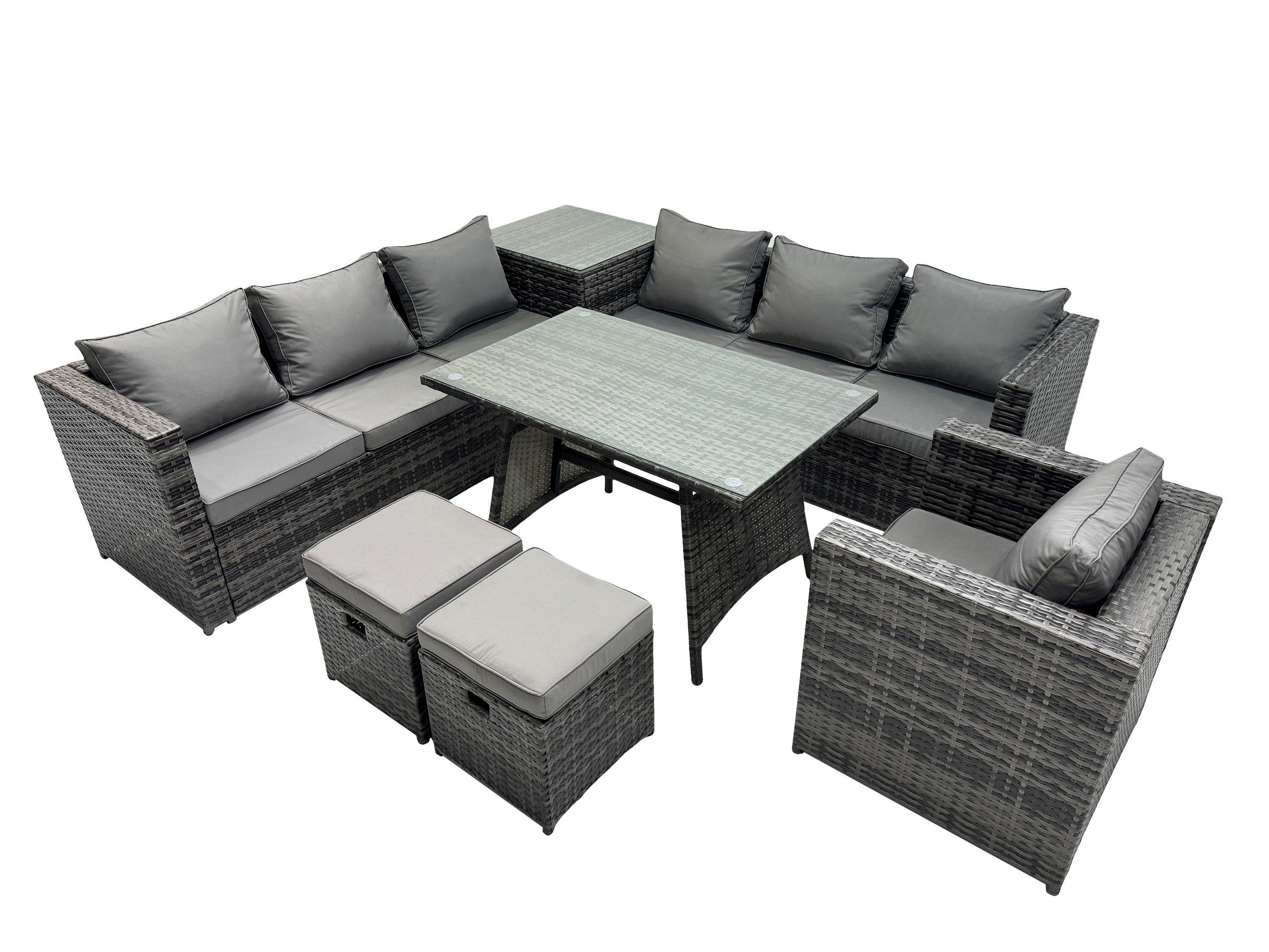 LOUNGESOFA SET mit Esstisch Polyrattan 7-Sitzer - Dunkelgrau/Grau, Glas/Kunststoff - Fimous