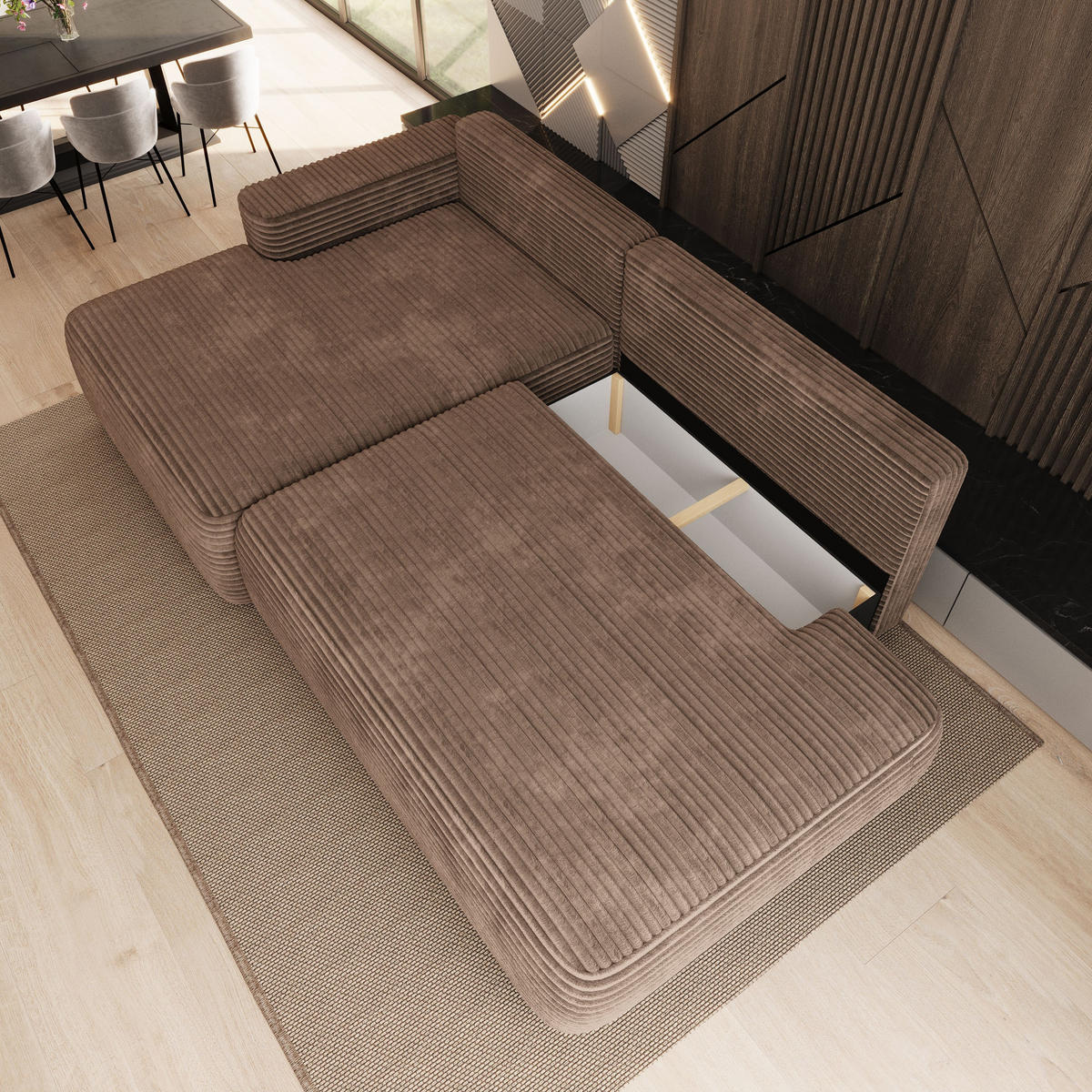 ECKSOFA AVINI T L-S Beige Kordstoff mit Schlaffunktion - Beige, Holzwerkstoff/Textil (277/160cm) - MASSENO