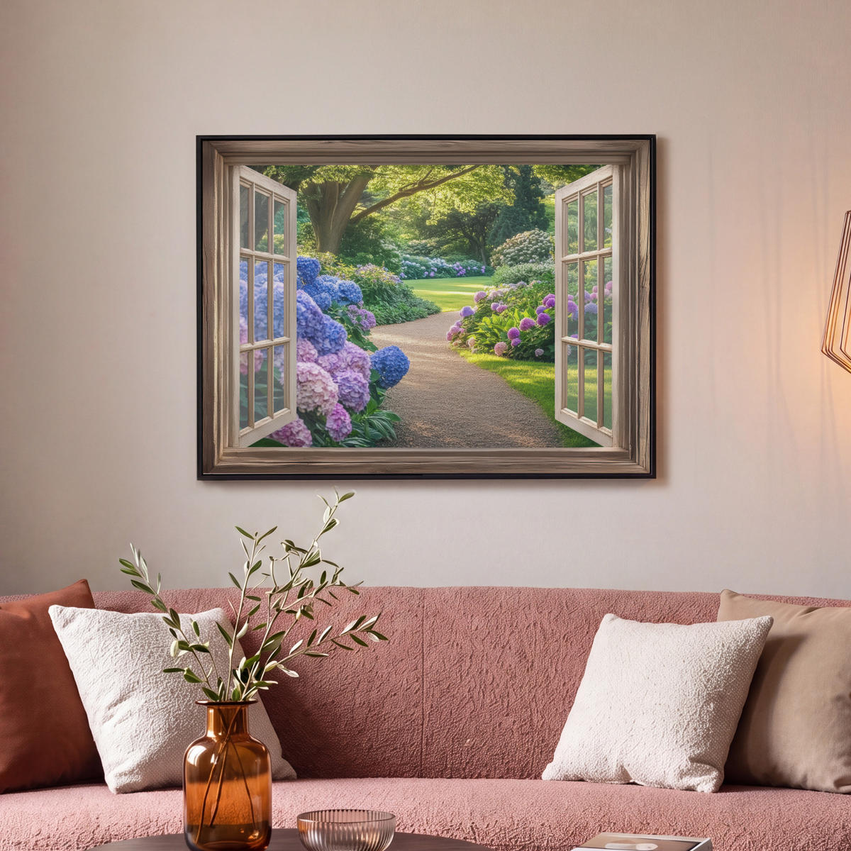 LEINWAND Bilder mit Rahmen - Aussicht - Garten - Fenster - Hortensie - Blumen - 70x50 - Pastellblau, Textil (70/50cm) - MuchoWow