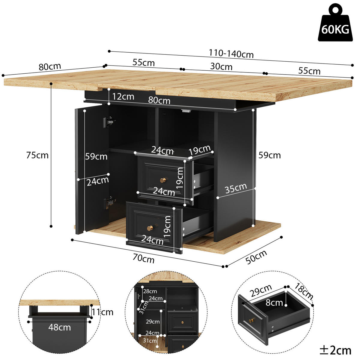 ESSTISCH 110-140/75/80 cm Natur aus MDF und Metall mit Stauraum - Hellbraun, Holzwerkstoff (110/80/75cm) - OKMYHOME