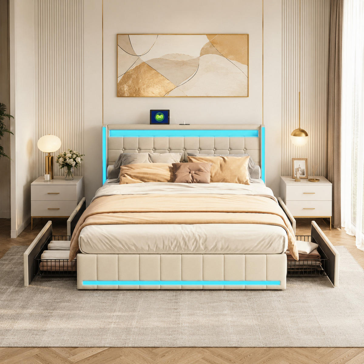 POLSTERBETT 180/200 cm Beige, mit 4 Schubladen, LED und Ladefunktion - Beige, Holz/Metall (180/200cm) - Joyfair