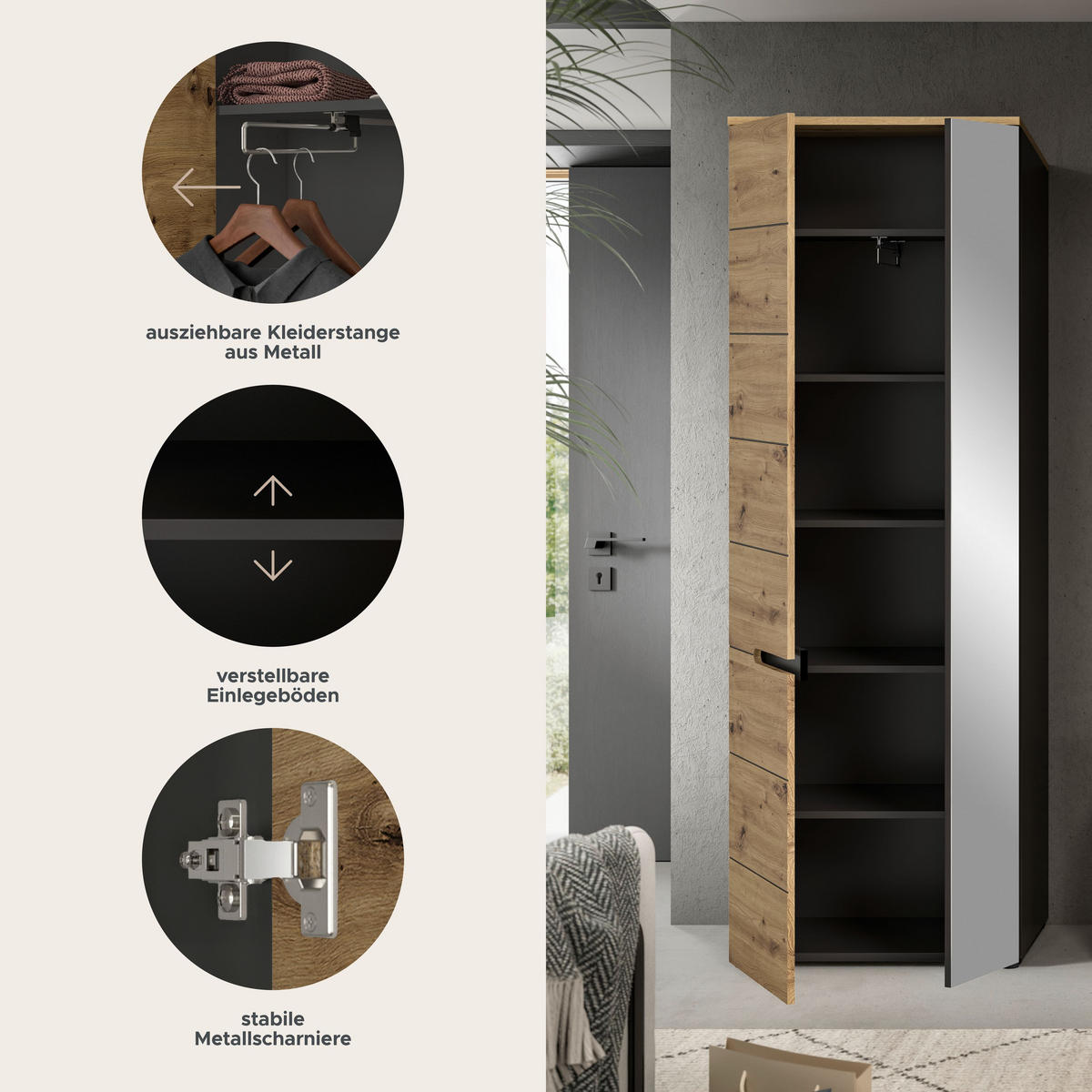 GARDEROBENSCHRANK Canu Garderobe in Basalt grau Nb. und Artisan Nb. B/H/T: 65x190x37 cm - Grau, Holzwerkstoff (65/190/37cm)