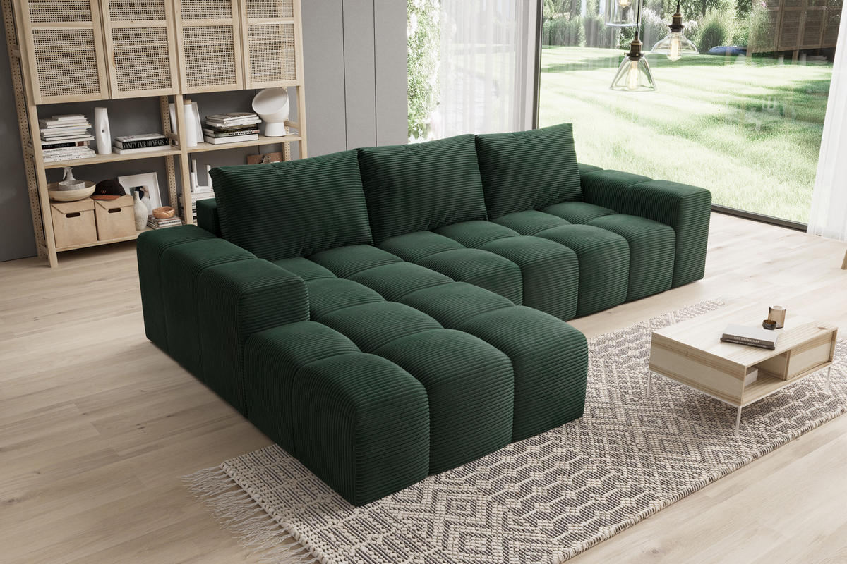 ECKSOFA Cento, L-Form, Ottomane Links, Cordstoff, 285x56x180 cm, Grün - Grün, Holz (180/285cm) - PROMETO Möbel