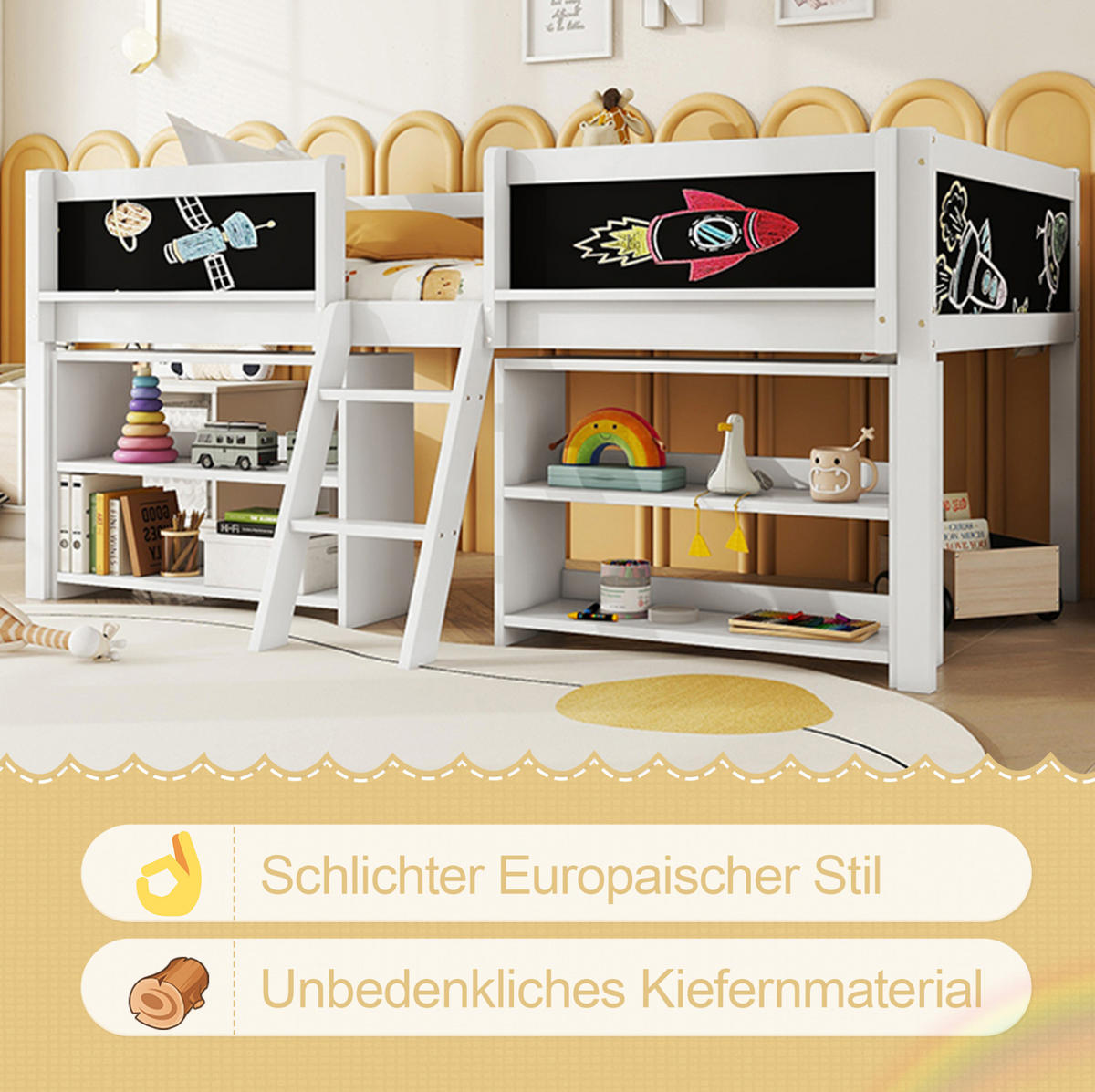 HALBHOHES BETT 90/200 cm, Weiß mit Stauraum, Leiter, ohne Matratze - Weiß, Holz (90/200cm) - MIVRAY