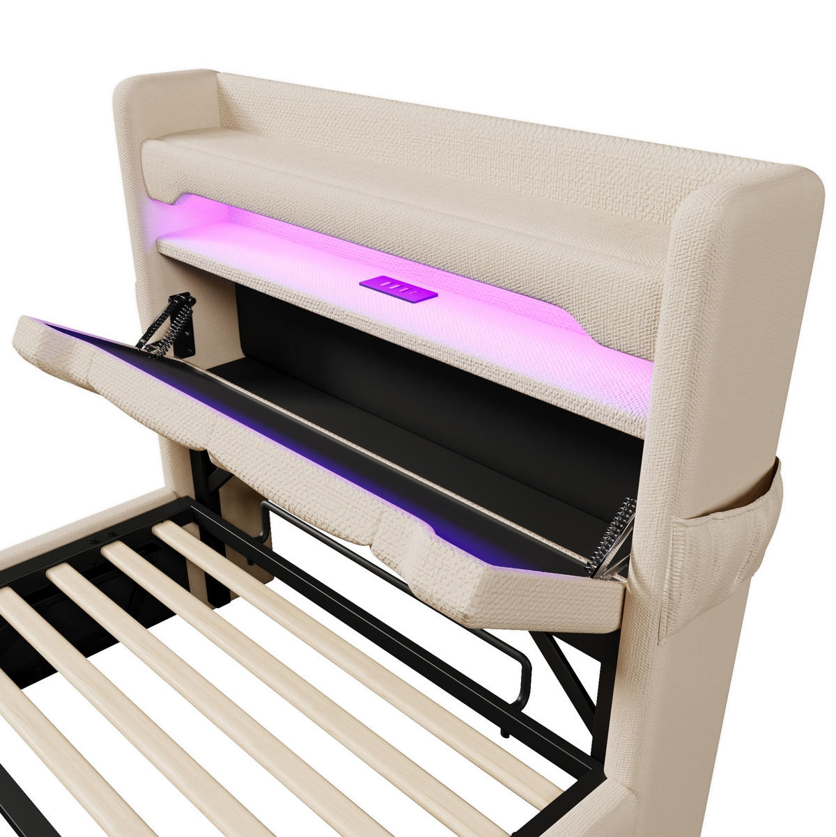 POLSTERBETT 90/200 cm mit Bettkasten, 360° LED & USB/Type-C im Kopfteil, Beige - Beige, Textil (90/200cm) - Redom