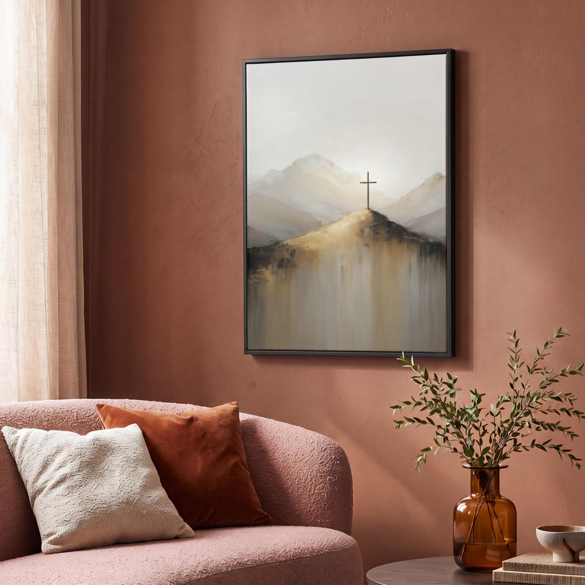 LEINWAND Bilder mit Rahmen - Hügel - Abstrakt - Kreuz - Christentum - 70x100 - Beige, Textil (70/100cm) - MuchoWow