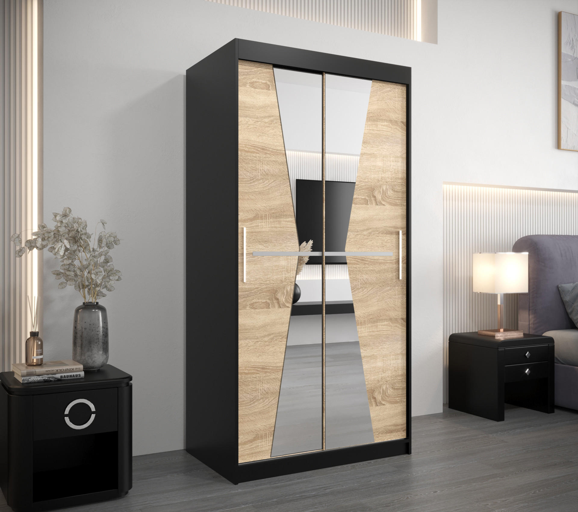 SCHWEBETÜRENSCHRANK 200/100/62 2-türig - Silberfarben/Schwarz, Holz/Kunststoff (100/200/62cm) - Abiks Möbel