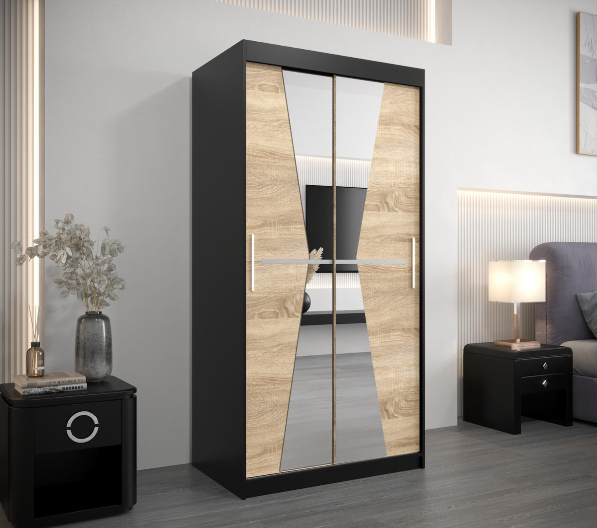 SCHWEBETÜRENSCHRANK 200/100/62 2-türig - Silberfarben/Schwarz, Holz/Kunststoff (100/200/62cm) - Abiks Möbel