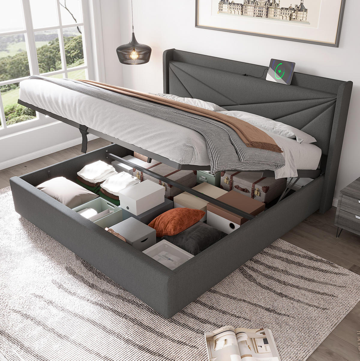 POLSTERBETT mit Bettkasten USB/Typ-C 160x200 cm Grau - Grau, Metall (160/200cm) - Meubliv