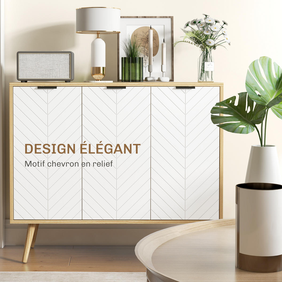 SIDEBOARD DE-11148 Chevron-Muster, 2 Türen Naturholz - Naturfarben, Holzwerkstoff (91.5/77.4/35cm) - ComfortXL