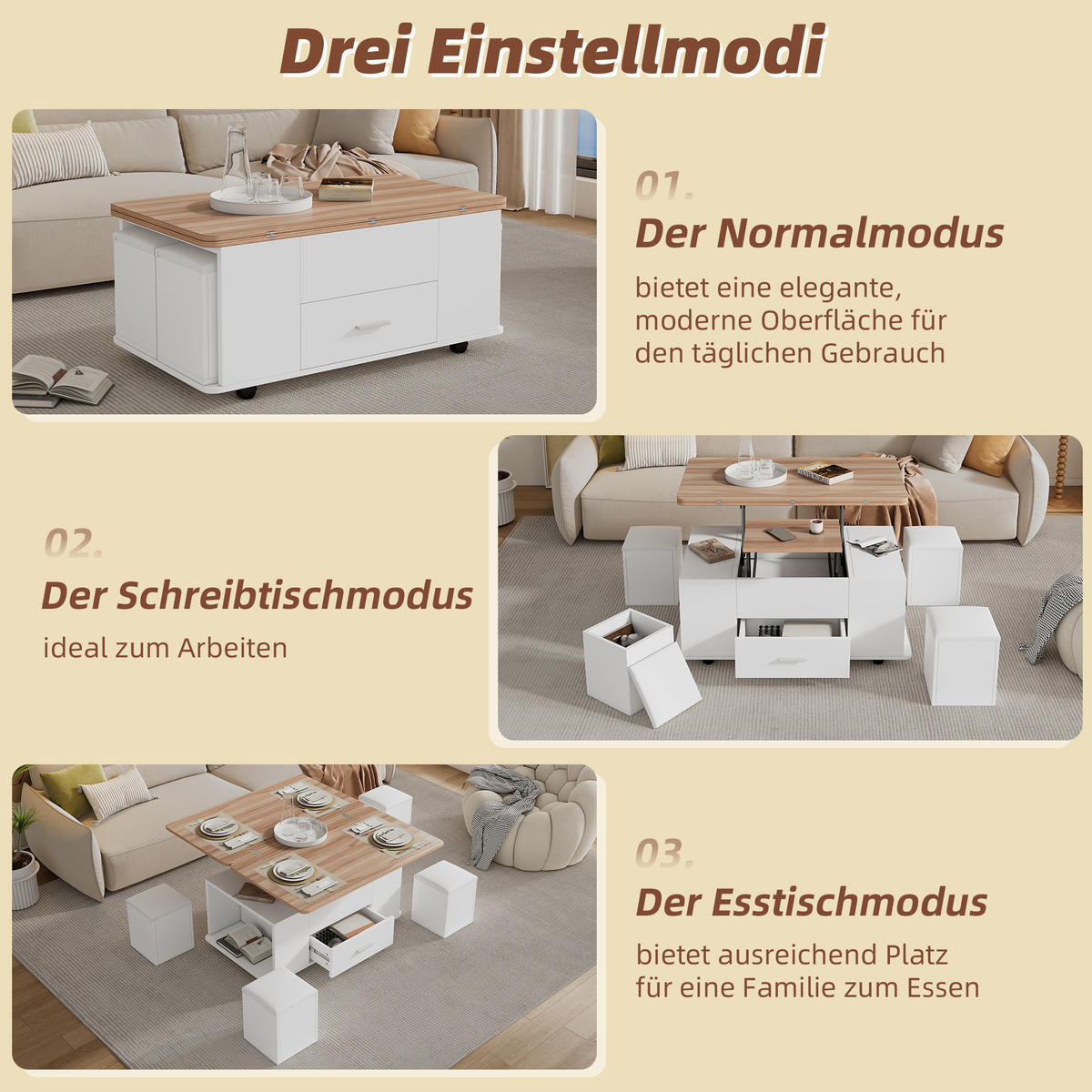 COUCHTISCH höhenverstellbar Weiß 4-in-1 mit 4 Hockern Schubladen - Weiß, Holzwerkstoff (100/50/45cm) - FLIEKS