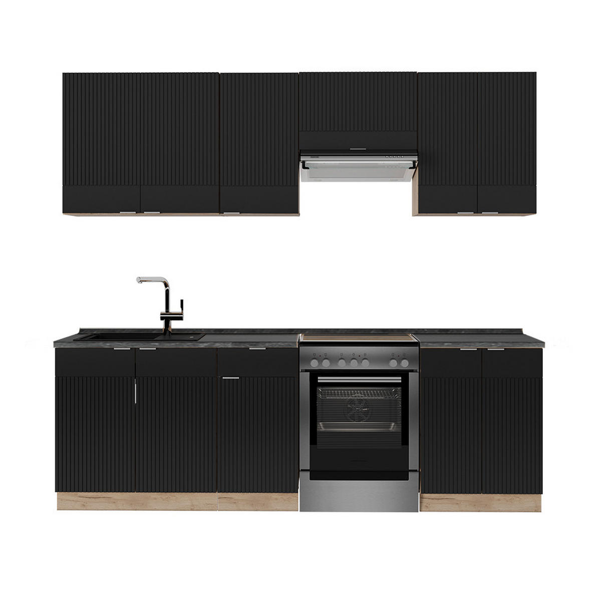 KÜCHENZEILE Fame-Line, Schwarz gestreift/Goldkraft Eiche, 240 cm, AP Anthrazit - Honigeiche/Schwarz, Holzwerkstoff (240/81.6/60cm) - Vicco