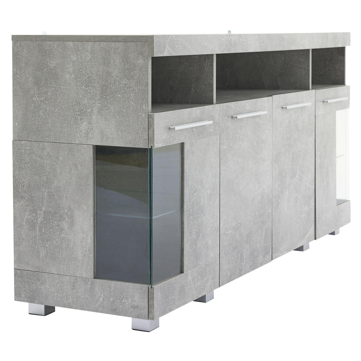 SIDEBOARD 140/40/70 cm mit LED-Beleuchtung, 3 Schubladen und Glastüren aus gehärtetem Glas, Zementgrau - Grau, Holzwerkstoff (140/70/40cm) - Redom