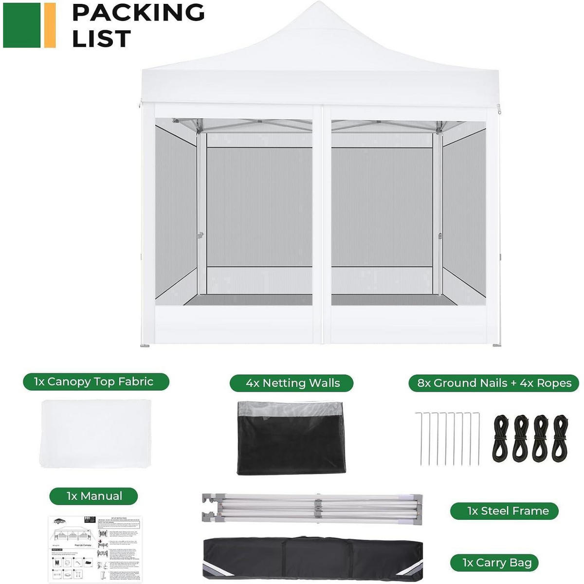 FALTPAVILLON 3x3m Wasserdicht mit 4 Seitenwänden und Moskitonetz - Weiß, Textil (300/335/300cm)