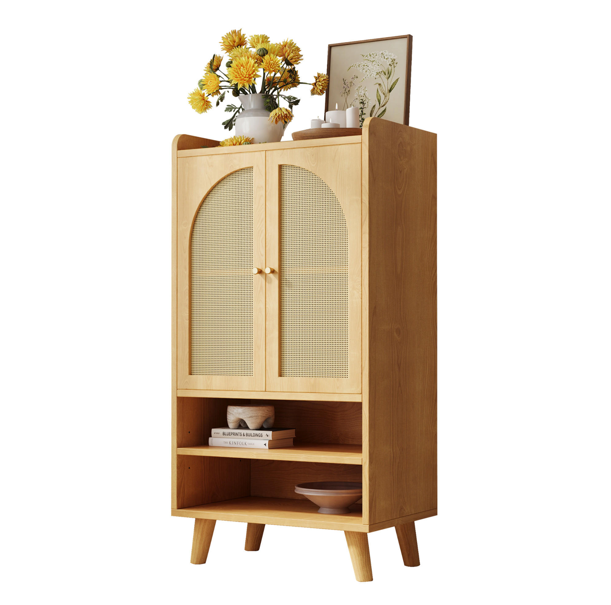 HIGHBOARD 60/40/121 cm mit Rattantüren, offenen Fächern und Kippsicherung, Natur - Naturfarben, Holzwerkstoff (60/121/40cm) - Redom
