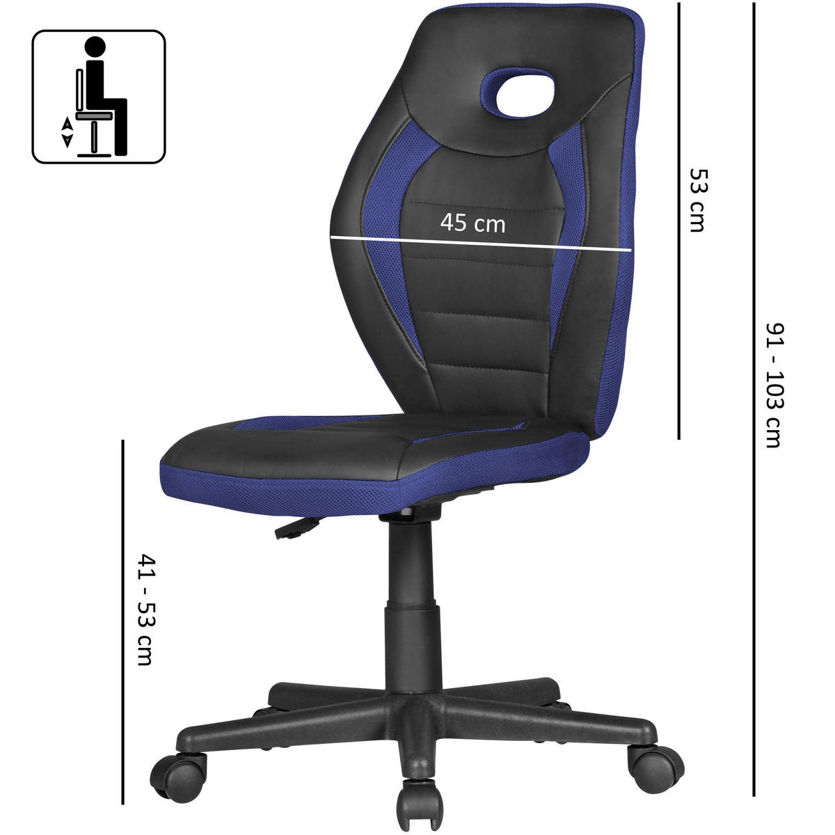 JUGENDDREHSTUHL Hohe Rückenlehne Schulterstütze Kunstleder Mesh, Blau 63x63x103 cm - Blau/Schwarz, Kunststoff/Textil (63/103/63cm) - KADIMA DESIGN