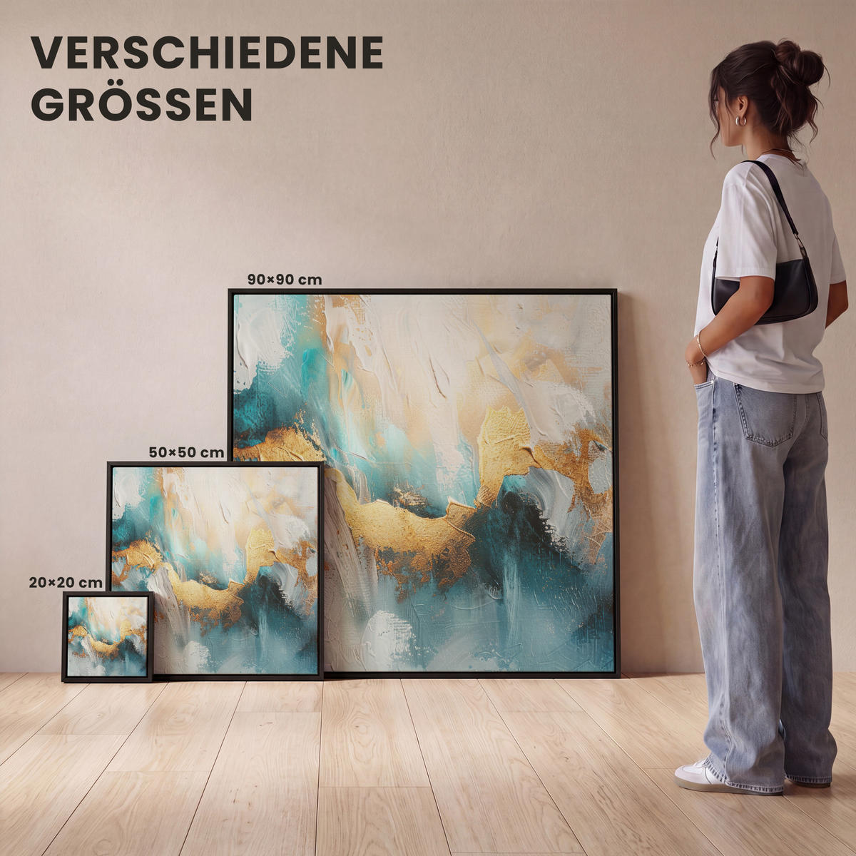 LEINWAND Bilder mit Rahmen - Abstrakt - Kunst - Gold - Blau - 90x90 - Petrol, Textil (90/90cm) - MuchoWow