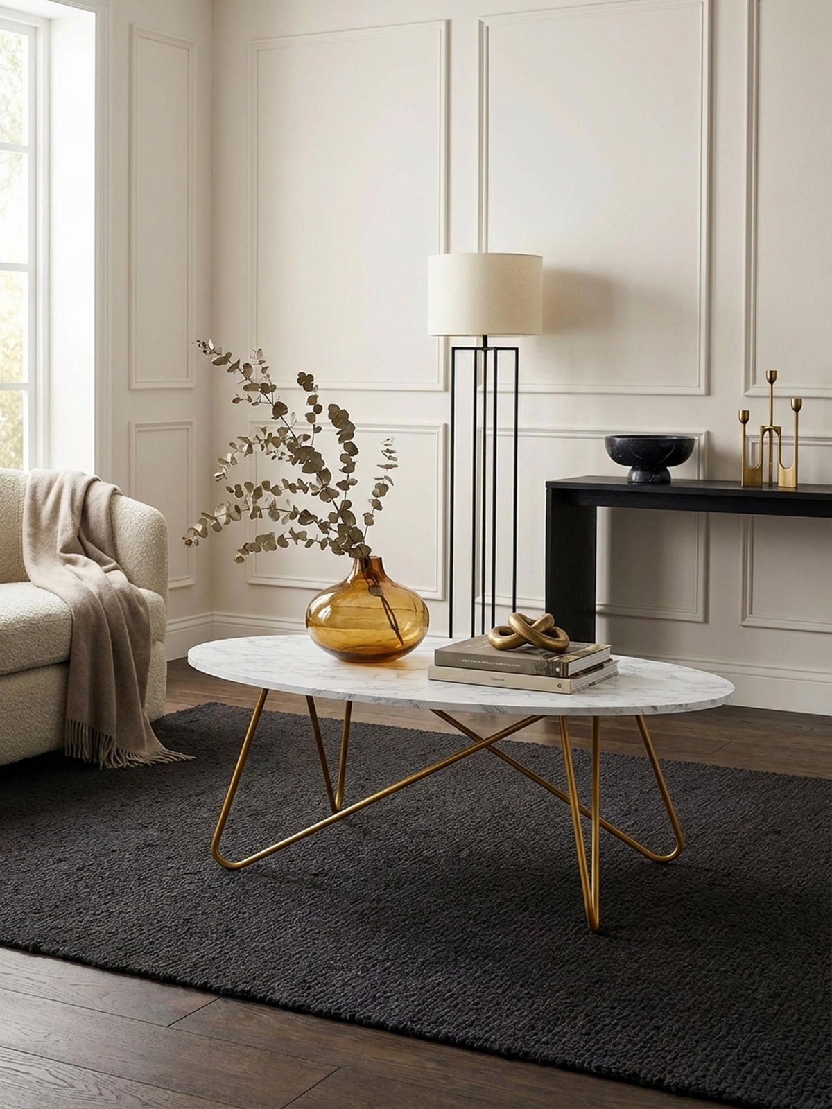COUCHTISCH Oval in Marmor-Optik mit goldfarbenem Gestell, Maße 120x40x60 cm - Goldfarben/Weiß, Holz/Metall (60/120/40cm) - KADIMA DESIGN