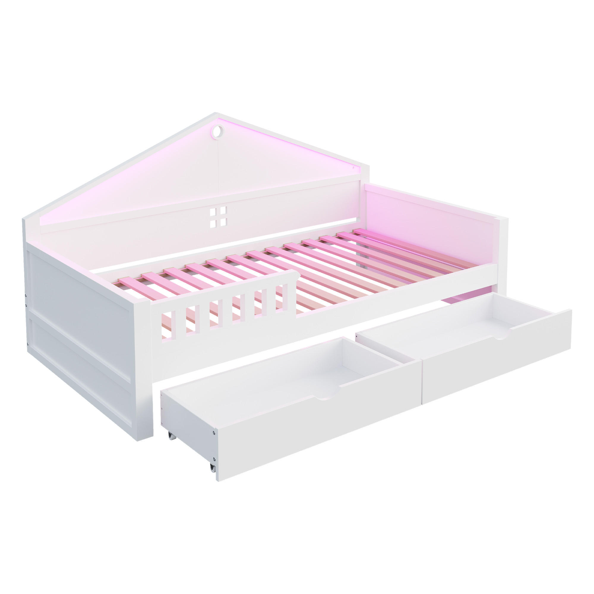 KINDERBETT 90/200 cm DE-01545, in Weiß, mit Lichtleiste und 2 Schubladen - Weiß, Holz (90/200cm) - ComfortXL