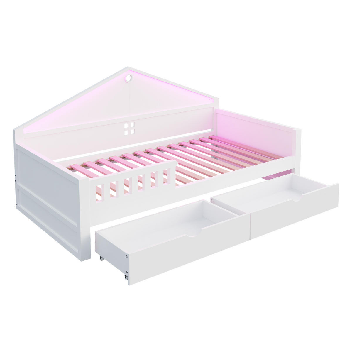KINDERBETT 90/200 cm weiß aus Massivholz und MDF mit LED-Lichtleiste und 2 Schubladen - Weiß, Holz (90/200cm) - OKWISH