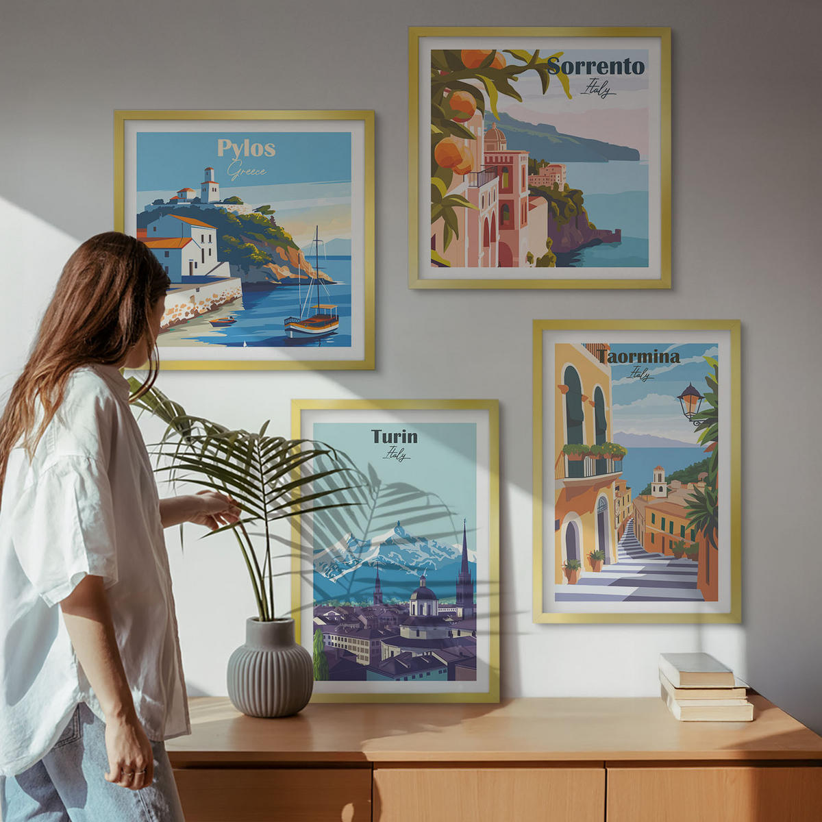 BILDER SET 4er Set - 50x50 cm & 40x60 cm Goldrahmen - Farbenfrohe Illustrationen von Retro-Städten - Goldfarben, Kunststoff (50/50cm) - TULUP