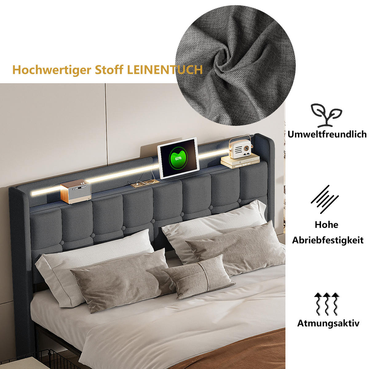 POLSTERBETT 160x200 cm LED Kopfteil 4 Schubladen USB grau - Grau, Holz (160/200cm) - LEBENLANG