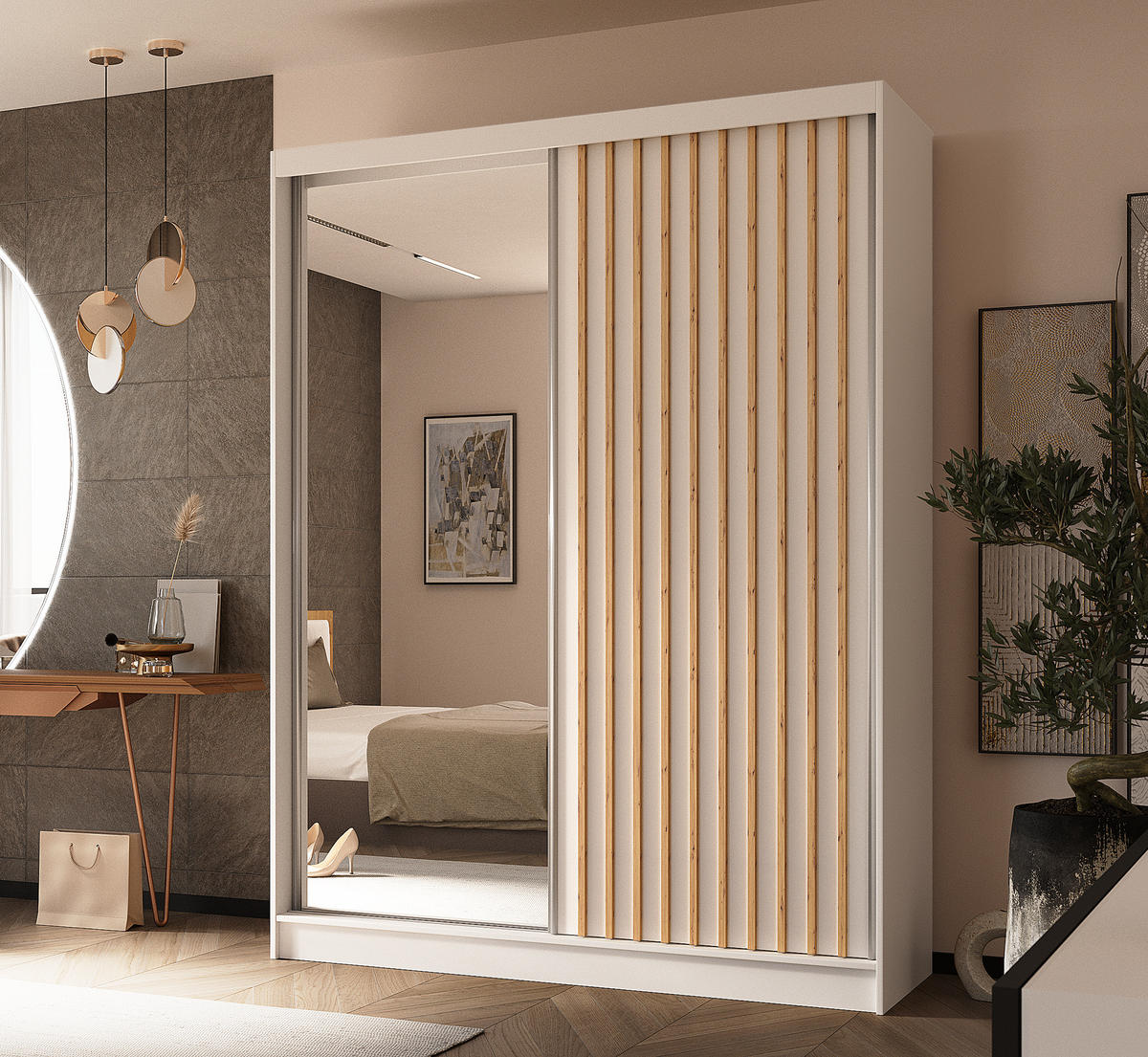 SCHWEBETÜRENSCHRANK Cabinio Weiß Eiche Artisan 160/216/61 cm – mit Spiegel und Lamellen - Walnussfarben/Weiß, Holzwerkstoff/Kunststoff (160/216/61cm) - AX Living