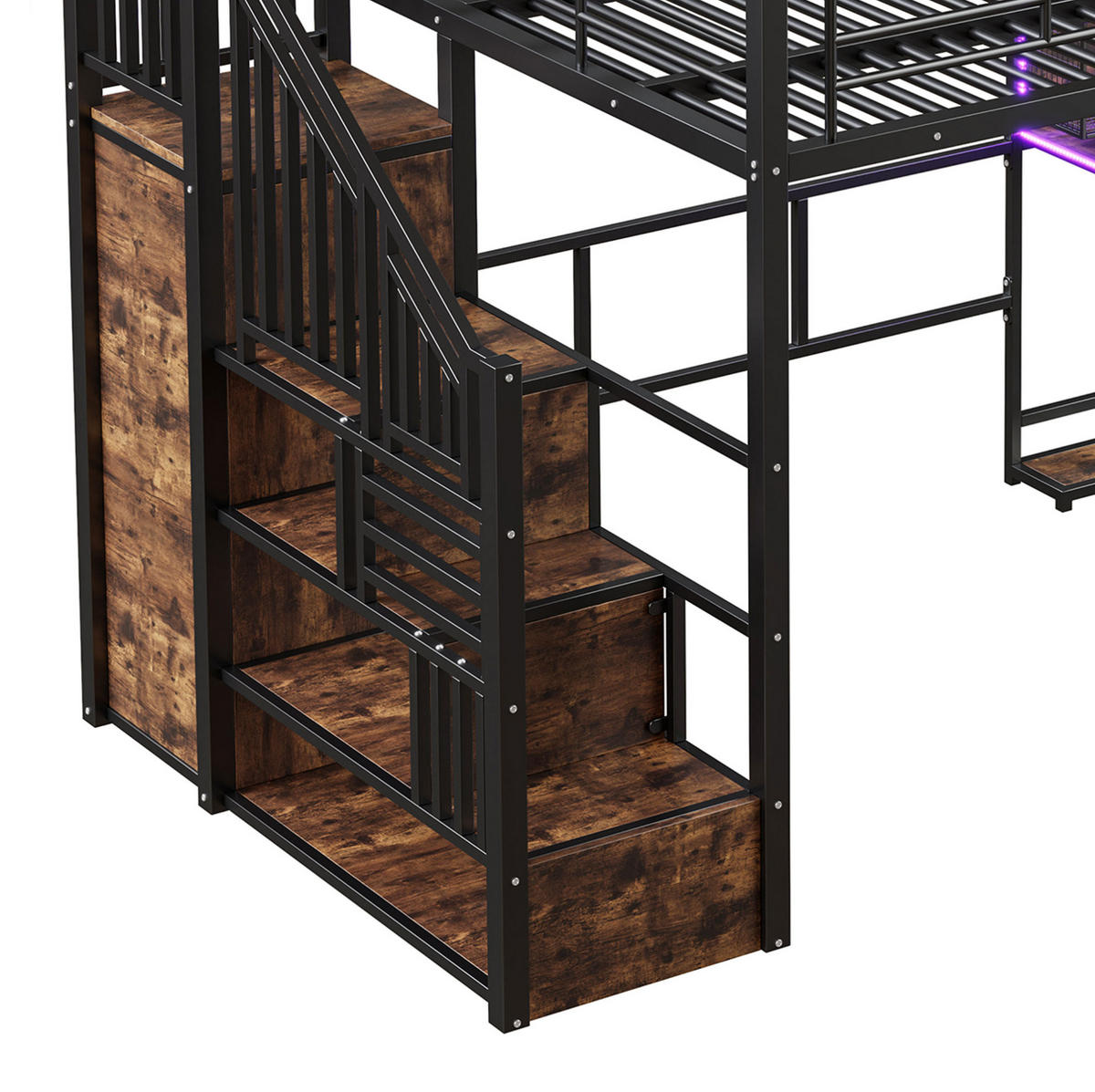 HOCHBETT 140/200 cm aus Metall und MDF mit LED-Beleuchtung, Schreibtisch und Kleiderschrank Schwarz - Schwarz, Metall (140/200cm) - Modenvie
