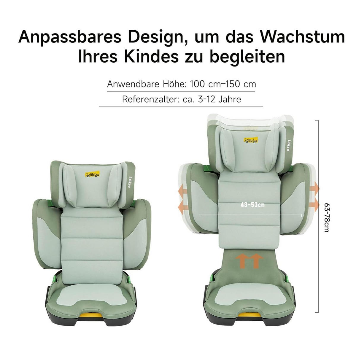 AUTOKINDERSITZ Faltbarer ISOFIX i-Size R129 verstellbare Rückenlehne - Grün, Textil (53/78/47cm) - BEXEVUE
