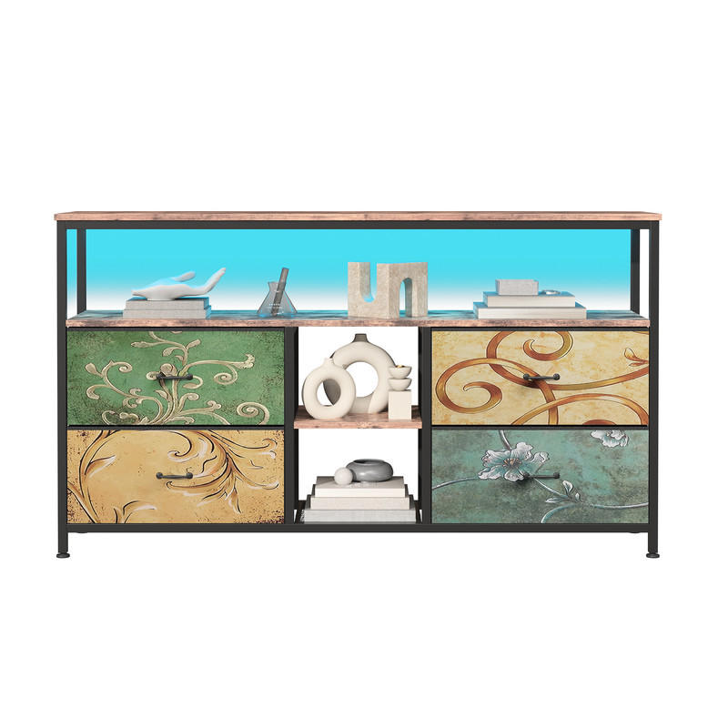LOWBOARD, 108 x 30 x 76.8 cm, mit 4 Stoffschubladen und LED-Lichtern, Metallrahmen Vintage für Wohnzimmer - Blaugrau, Metall (29.8/76.8/108cm) - WoodenAura