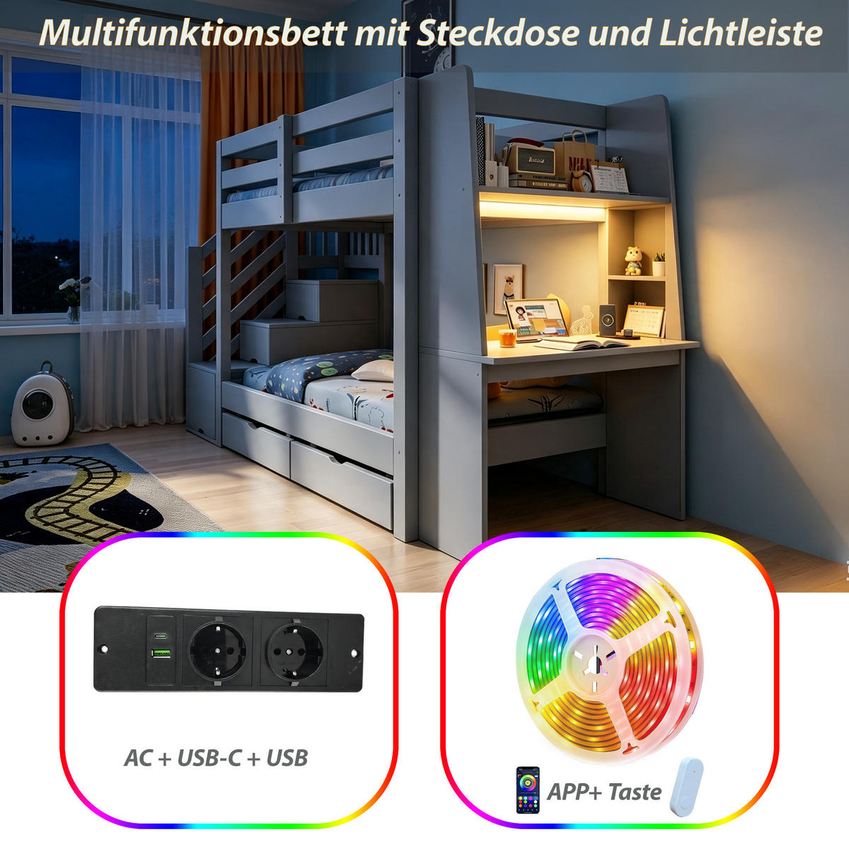 ETAGENBETT 90 x 200 cm mit Schreibtisch, LED und Schubladen, Grau - Grau, Holz (90/200cm) - FLIEKS