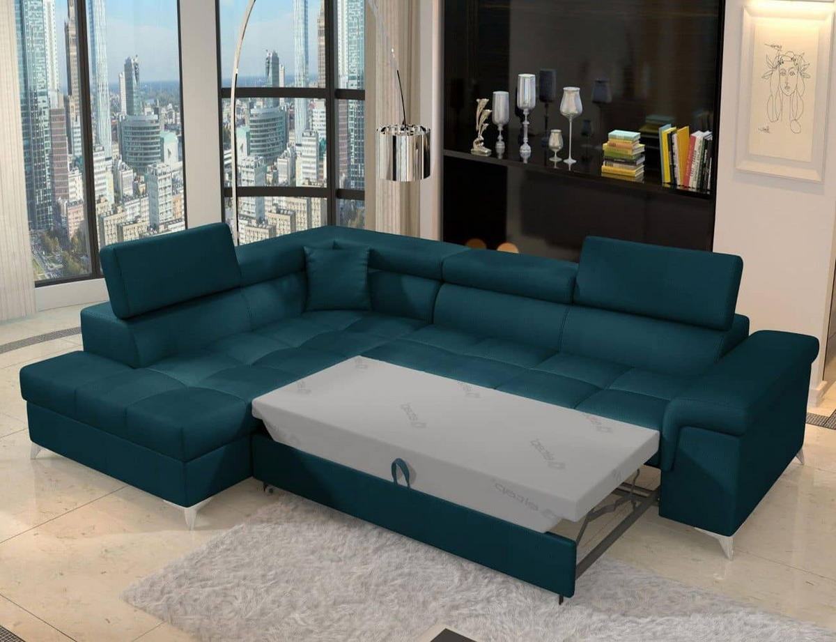 ECKSOFA mit Schlaffunktion und Bettkasten, pflegeleichter Monolith-Stoff - Chromfarben/Dunkelblau, Textil/Metall (275/202cm) - Eltap