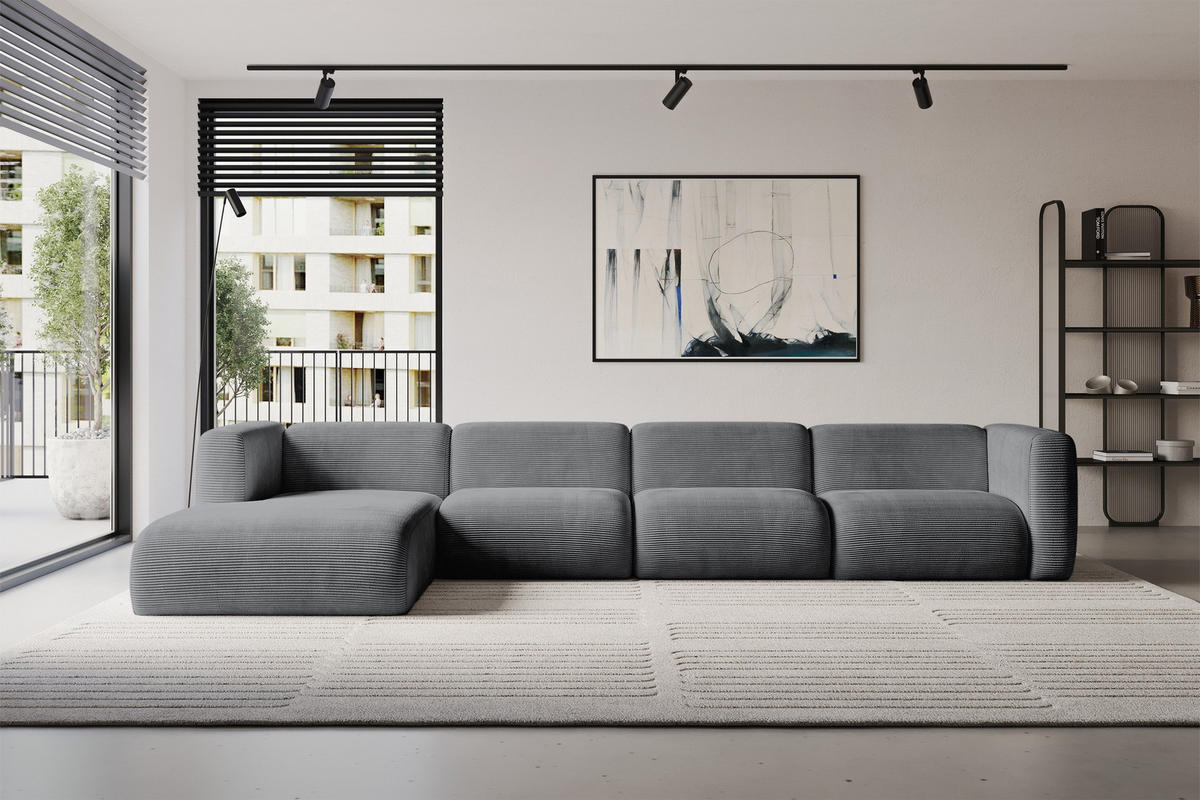 ECKSOFA Ottomane Links MIRA-L3 409x179x70 Dunkelgrau Cord - Dunkelgrau/Schwarz, Holzwerkstoff/Kunststoff (409/179cm) - ALTDECOR