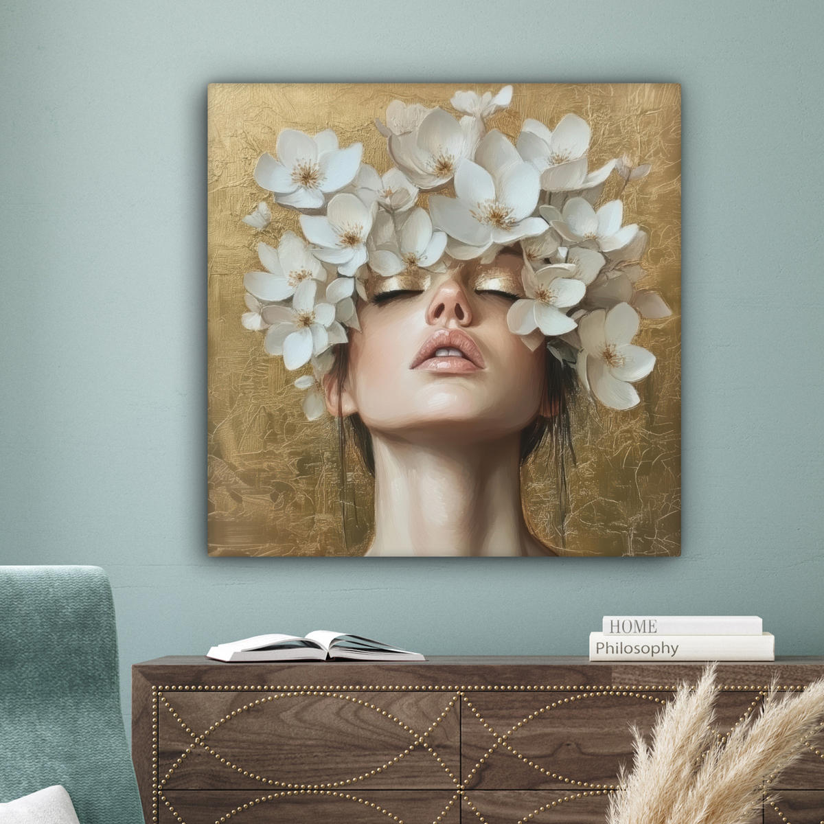 LEINWANDBILD Gesicht - Blumen - Gold - Abstrakt Deko Groß 90x90 cm - Goldfarben, Textil (90/90cm) - MuchoWow