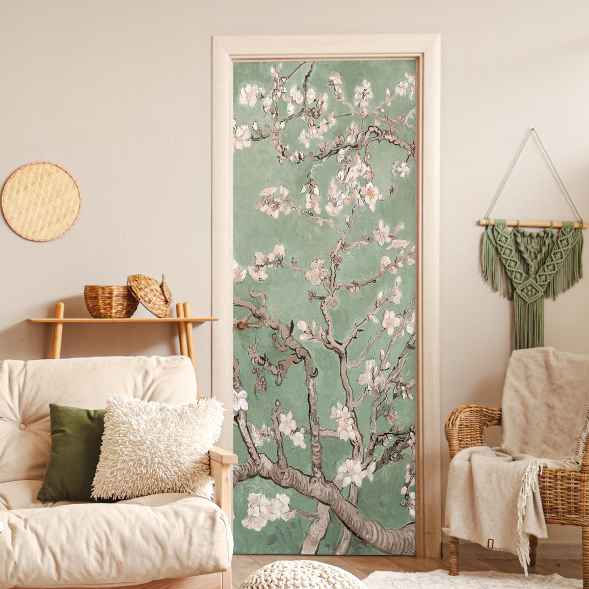 TÜRAUFKLEBER Selbstklebend - Mandelblüte - Kunst - Van Gogh - Grün 95x235 cm - Türtapete - Salbeigrün, Kunststoff (95/0.1cm) - MuchoWow