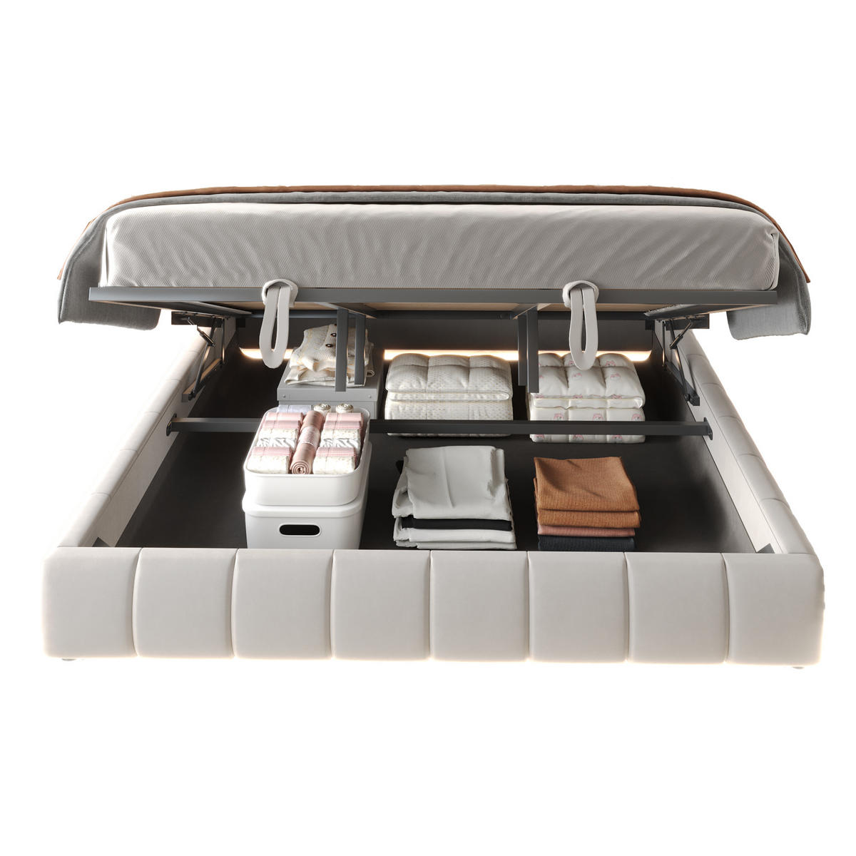 POLSTERBETT 180/200 cm Beige ohne Kopfteil mit LED-Beleuchtung und hydraulischem Stauraumrahmen - Beige, Textil (180/200cm) - OKWISH