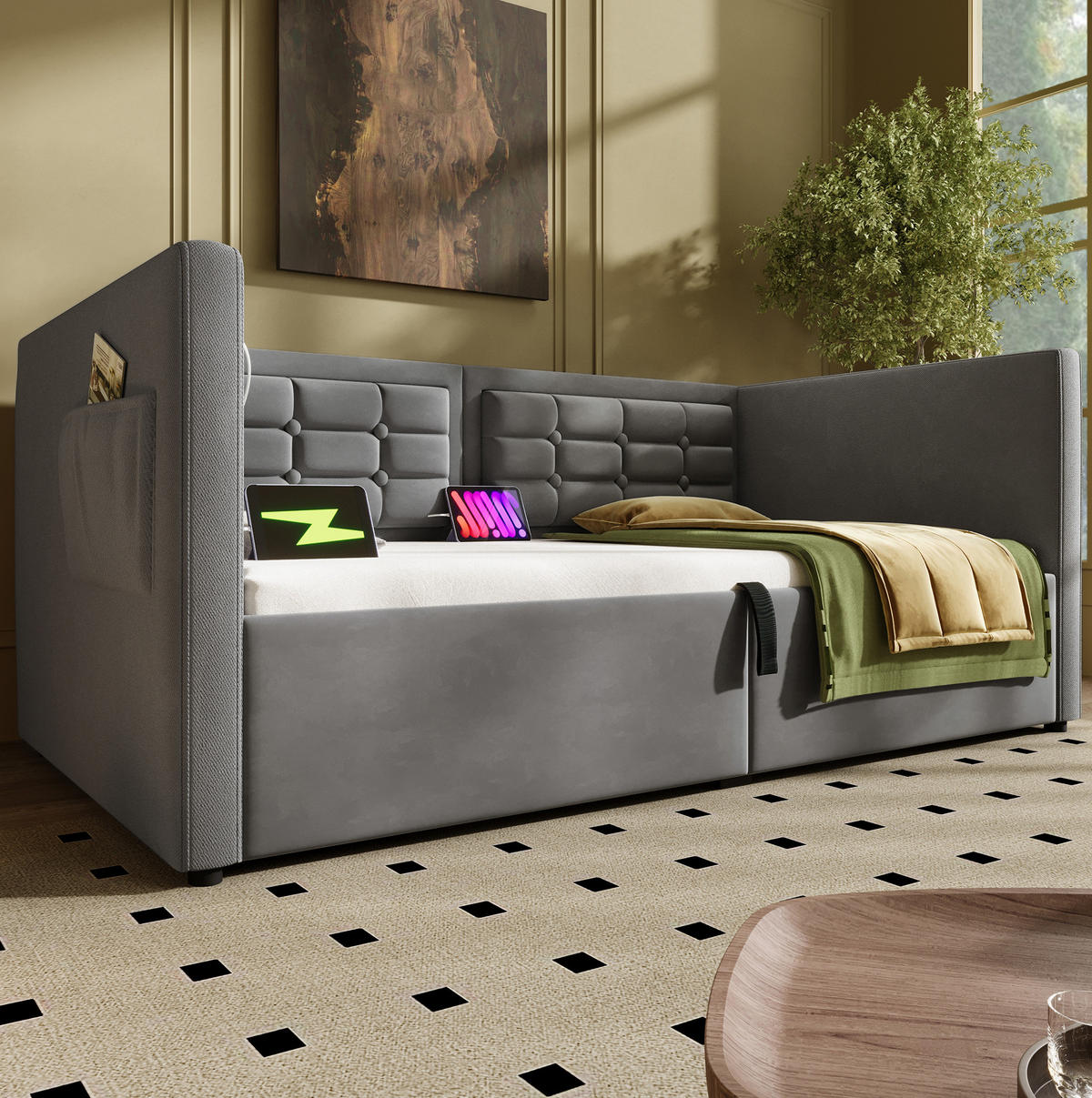 BETT 90/200 cm mit Bettkasten, USB & Type-C, inkl. Lattenrost, Grau - Grau, Textil (90/200cm) - BEAOK